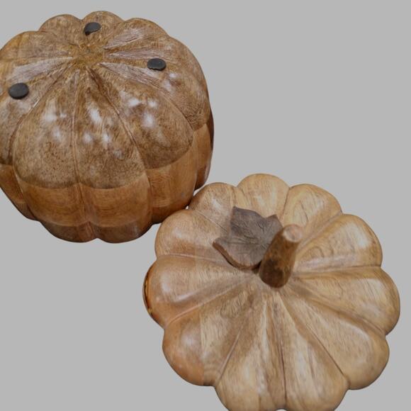 Wooden Pumpkin carved with lid 4.5 " Candy Dish Brown - Picture 6 of 6